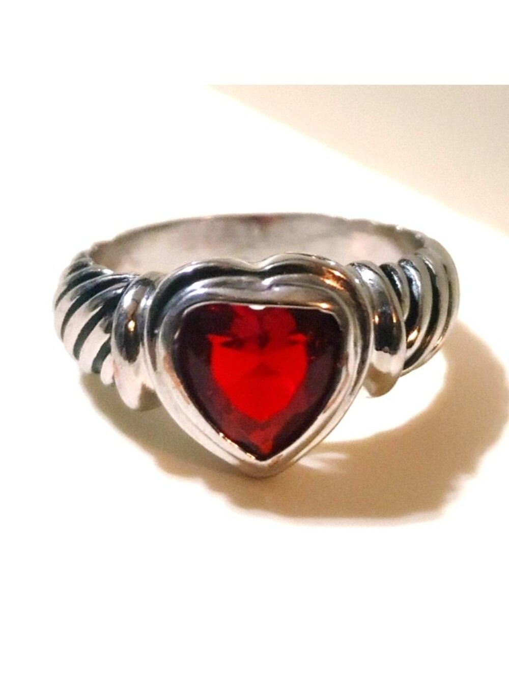Heart Shaped Red Gemstone Ring Spiral Band Design Silver Tone Finish Romantic